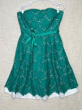 Donna Morgan Teal Eyelet Strapless Dress with Satin Belt